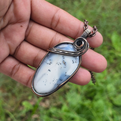 Dendrite Opal Gemstone Handmade Copper Wire Wrap Chain Pendant 2.16