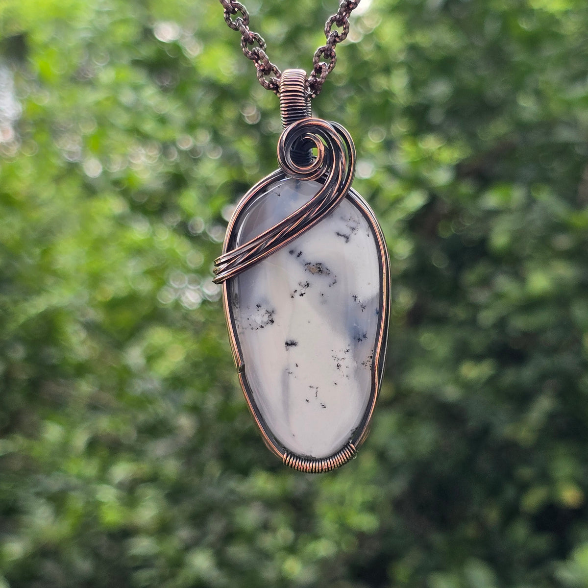 Dendrite Opal Gemstone Handmade Copper Wire Wrap Chain Pendant 2.16" Sunkarton