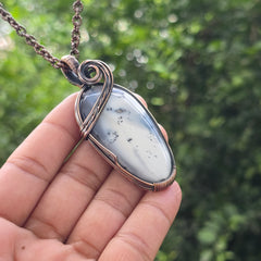 Dendrite Opal Gemstone Handmade Copper Wire Wrap Chain Pendant 2.16" Sunkarton