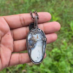 Dendrite Opal Gemstone Handmade Copper Wire Wrap Chain Pendant 2.16" Sunkarton