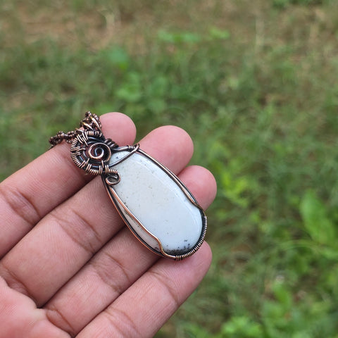 Dendrite Opal Gemstone Handmade Copper Wire Wrap Chain Pendant 2.95