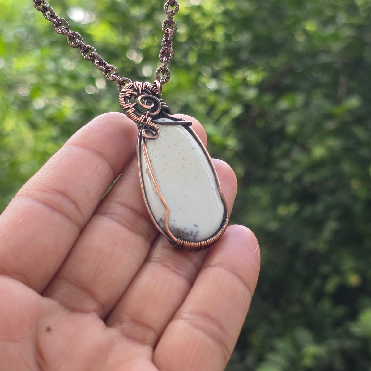 Dendrite Opal Gemstone Handmade Copper Wire Wrap Chain Pendant 2.95" Sunkarton