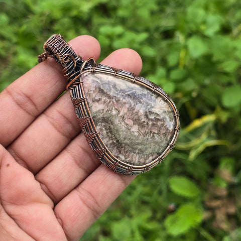 Rhodochrosite Gemstone Handmade Copper Wire Wrap Chain Pendant 2.95" Sunkarton