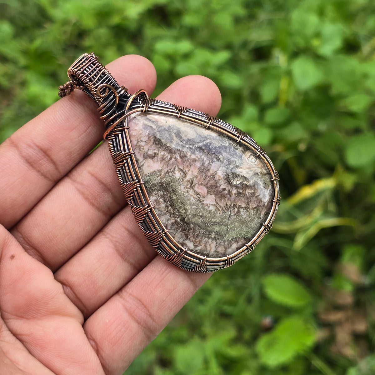 Rhodochrosite Gemstone Handmade Copper Wire Wrap Chain Pendant 2.95" Sunkarton