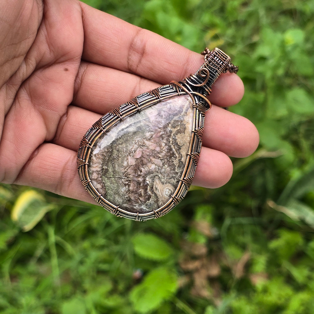 Rhodochrosite Gemstone Handmade Copper Wire Wrap Chain Pendant 2.95" Sunkarton