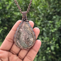 Rhodochrosite Gemstone Handmade Copper Wire Wrap Chain Pendant 2.95" Sunkarton