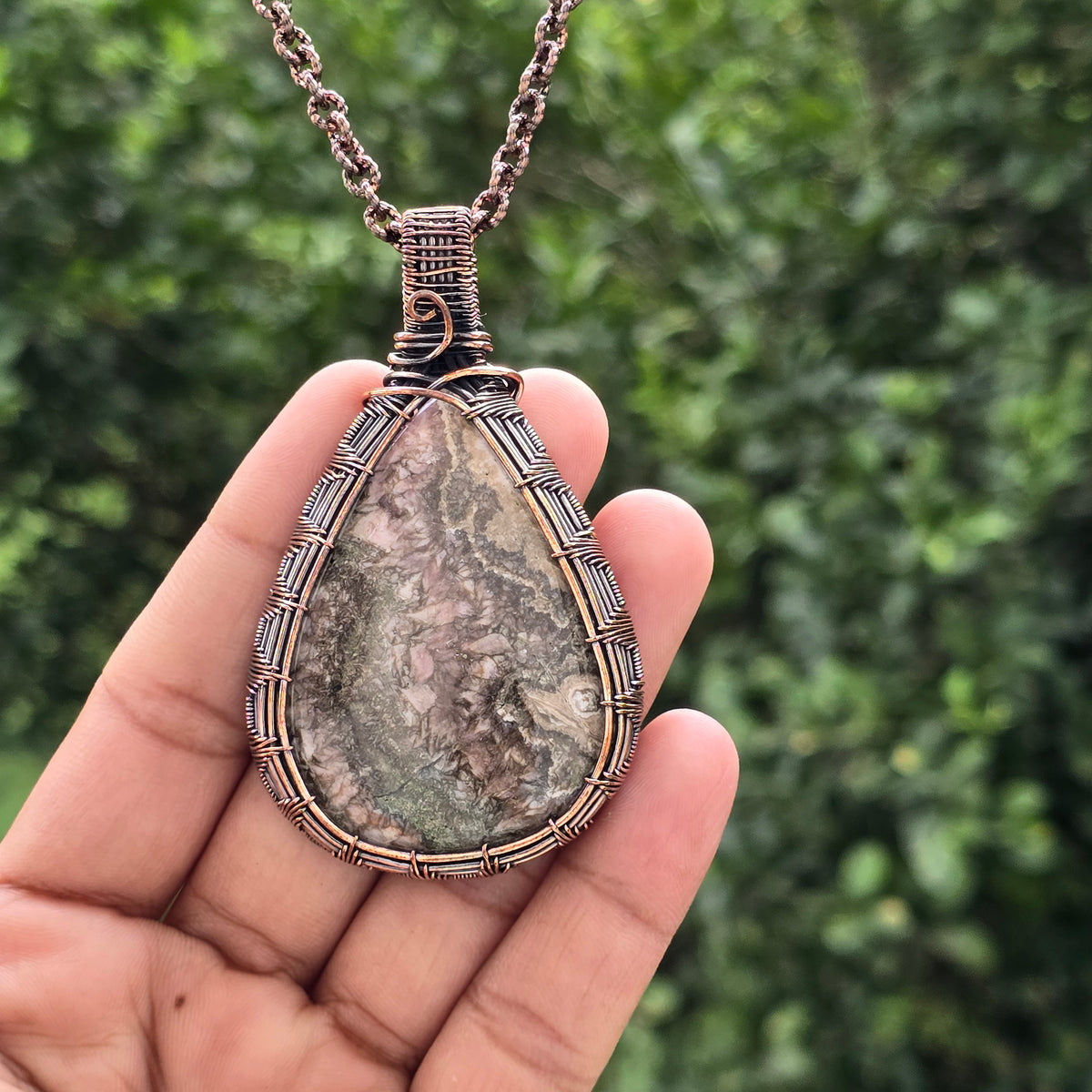 Rhodochrosite Gemstone Handmade Copper Wire Wrap Chain Pendant 2.95" Sunkarton