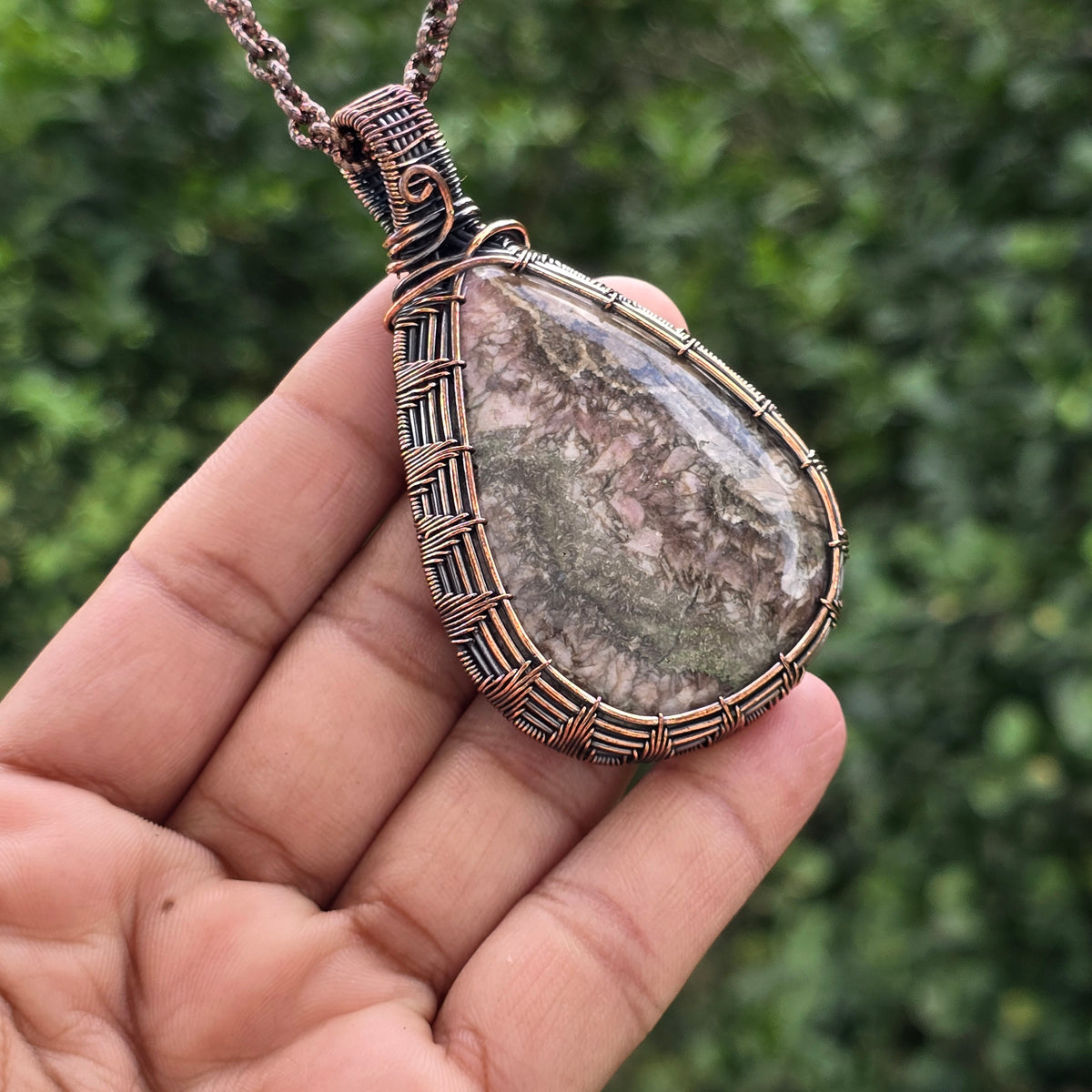 Rhodochrosite Gemstone Handmade Copper Wire Wrap Chain Pendant 2.95" Sunkarton