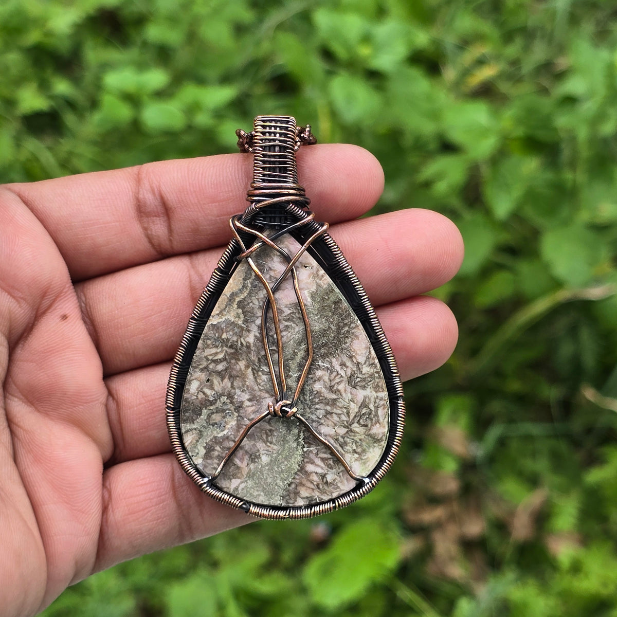 Rhodochrosite Gemstone Handmade Copper Wire Wrap Chain Pendant 2.95" Sunkarton
