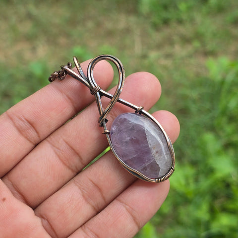 Amethyst Gemstone Handmade Copper Wire Wrap Chain Pendant 2.55
