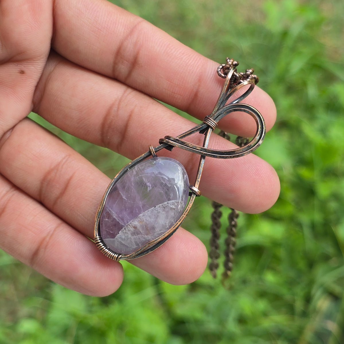 Amethyst Gemstone Handmade Copper Wire Wrap Chain Pendant 2.55" Sunkarton