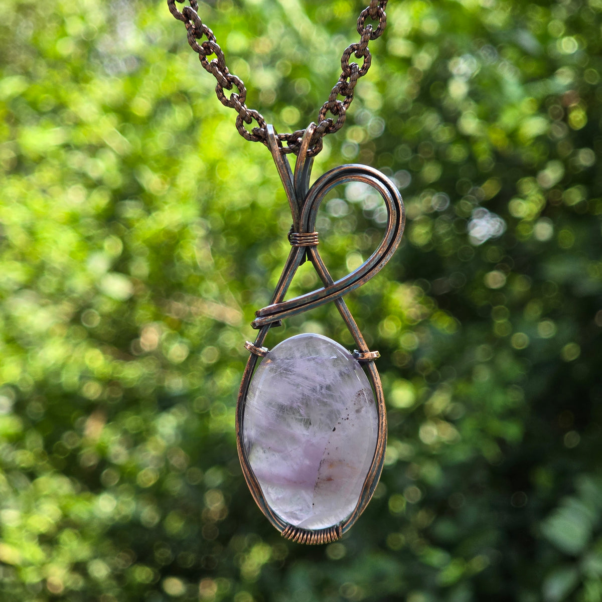Amethyst Gemstone Handmade Copper Wire Wrap Chain Pendant 2.55" Sunkarton