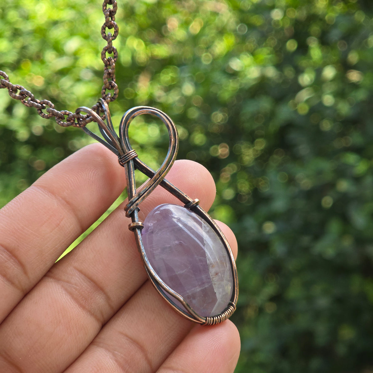 Amethyst Gemstone Handmade Copper Wire Wrap Chain Pendant 2.55" Sunkarton