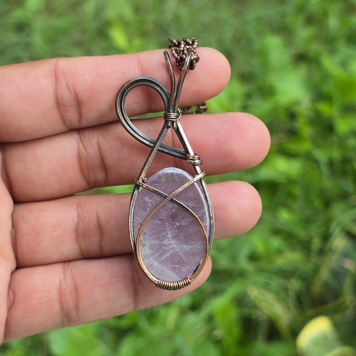 Amethyst Gemstone Handmade Copper Wire Wrap Chain Pendant 2.55" Sunkarton