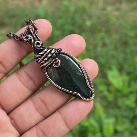 Bloodstone Gemstone Handmade Copper Wire Wrap Chain Pendant 2.55