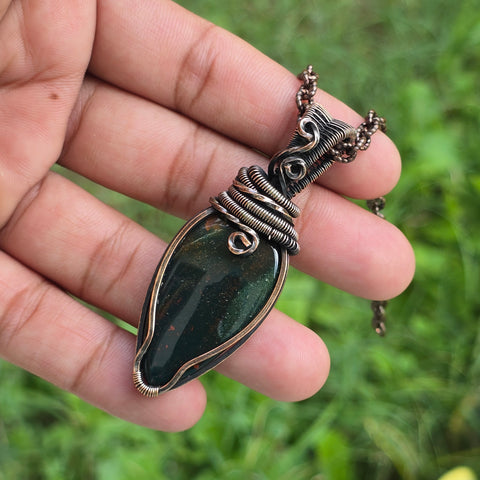 Bloodstone Gemstone Handmade Copper Wire Wrap Chain Pendant 2.55