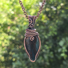 Bloodstone Gemstone Handmade Copper Wire Wrap Chain Pendant 2.55" Sunkarton
