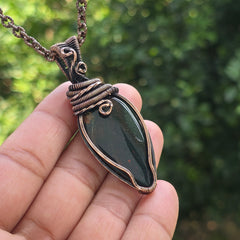 Bloodstone Gemstone Handmade Copper Wire Wrap Chain Pendant 2.55" Sunkarton