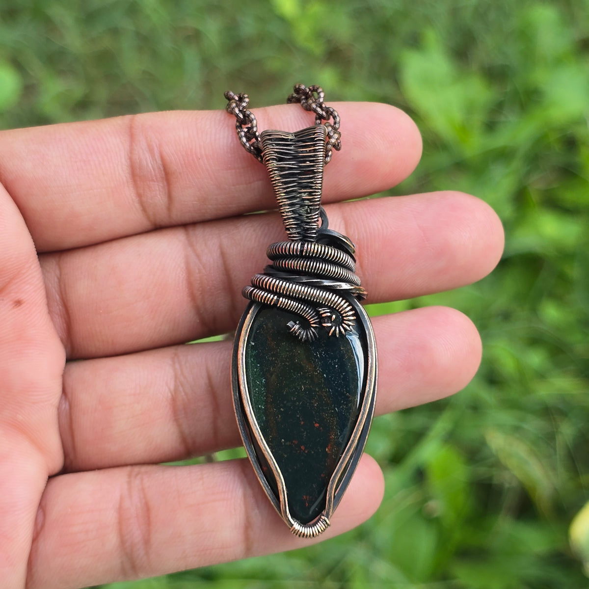 Bloodstone Gemstone Handmade Copper Wire Wrap Chain Pendant 2.55" Sunkarton