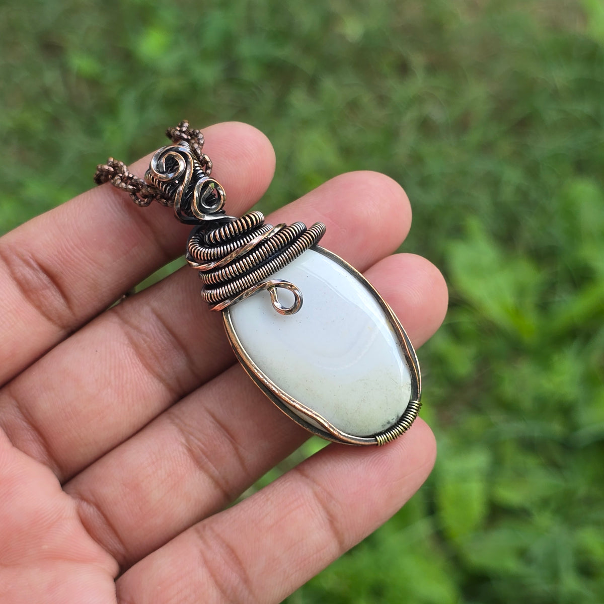 Dendrite Opal Gemstone Handmade Copper Wire Wrap Chain Pendant 2.36" Sunkarton