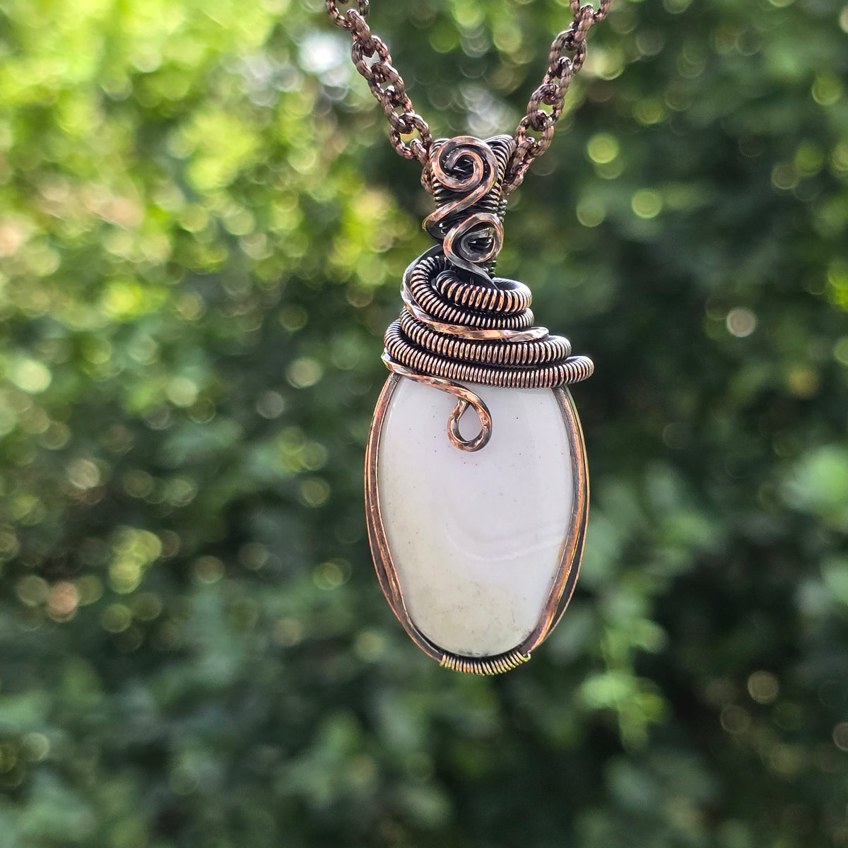 Dendrite Opal Gemstone Handmade Copper Wire Wrap Chain Pendant 2.36" Sunkarton