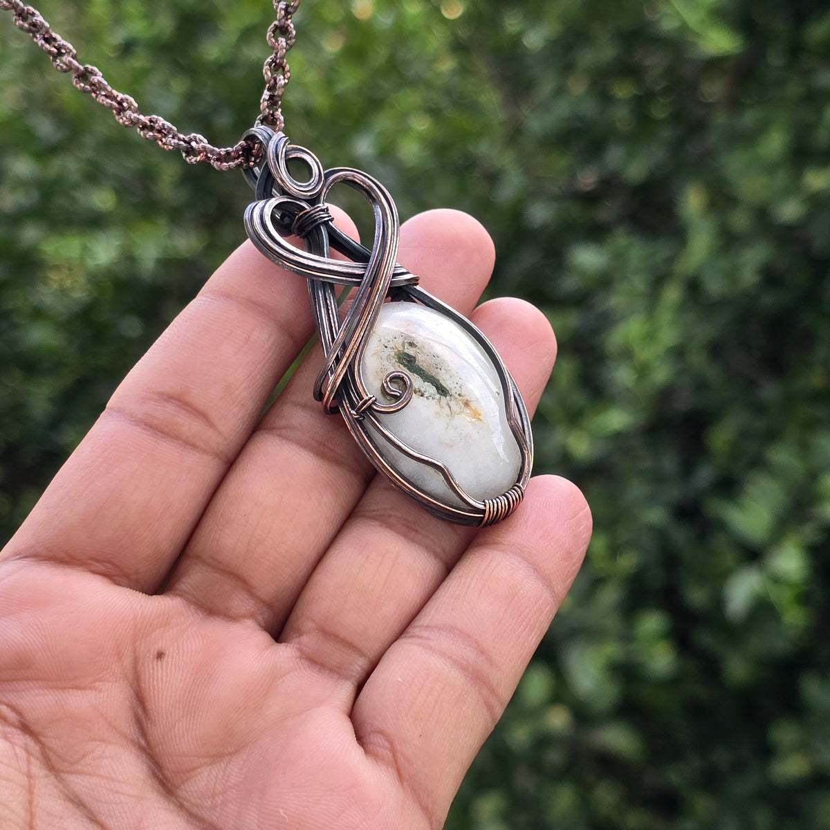 Solar Quartz Gemstone Handmade Copper Wire Wrap Chain Pendant 2.75" Sunkarton
