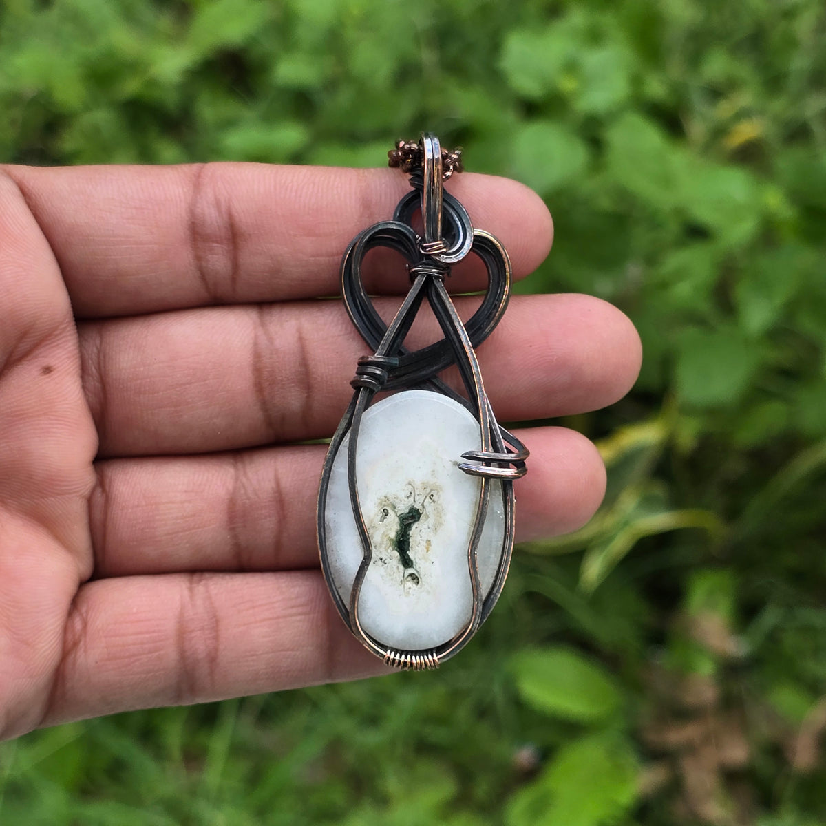 Solar Quartz Gemstone Handmade Copper Wire Wrap Chain Pendant 2.75" Sunkarton