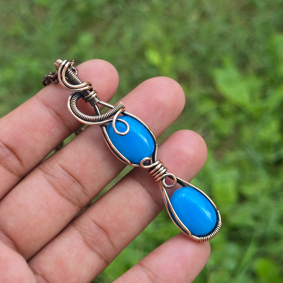 Blue Chalcedony Gemstone Handmade Copper Wire Wrap Chain Pendant 2.95" Sunkarton