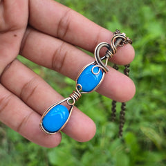 Blue Chalcedony Gemstone Handmade Copper Wire Wrap Chain Pendant 2.95" Sunkarton