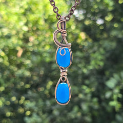 Blue Chalcedony Gemstone Handmade Copper Wire Wrap Chain Pendant 2.95" Sunkarton