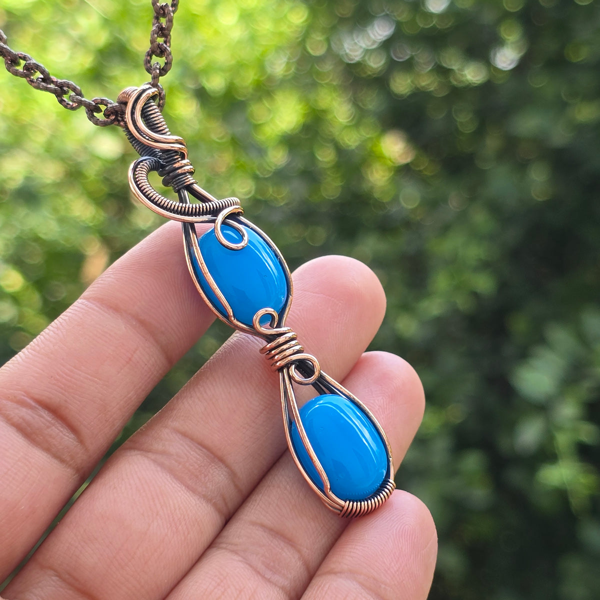 Blue Chalcedony Gemstone Handmade Copper Wire Wrap Chain Pendant 2.95" Sunkarton