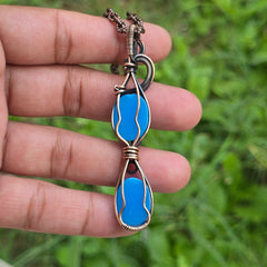 Blue Chalcedony Gemstone Handmade Copper Wire Wrap Chain Pendant 2.95" Sunkarton