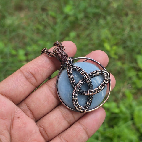 Angelite Gemstone Handmade Copper Wire Wrap Chain Pendant 2.36