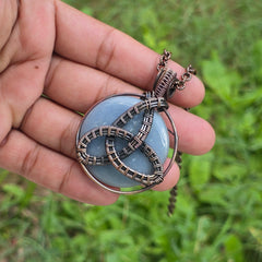 Angelite Gemstone Handmade Copper Wire Wrap Chain Pendant 2.36" Sunkarton
