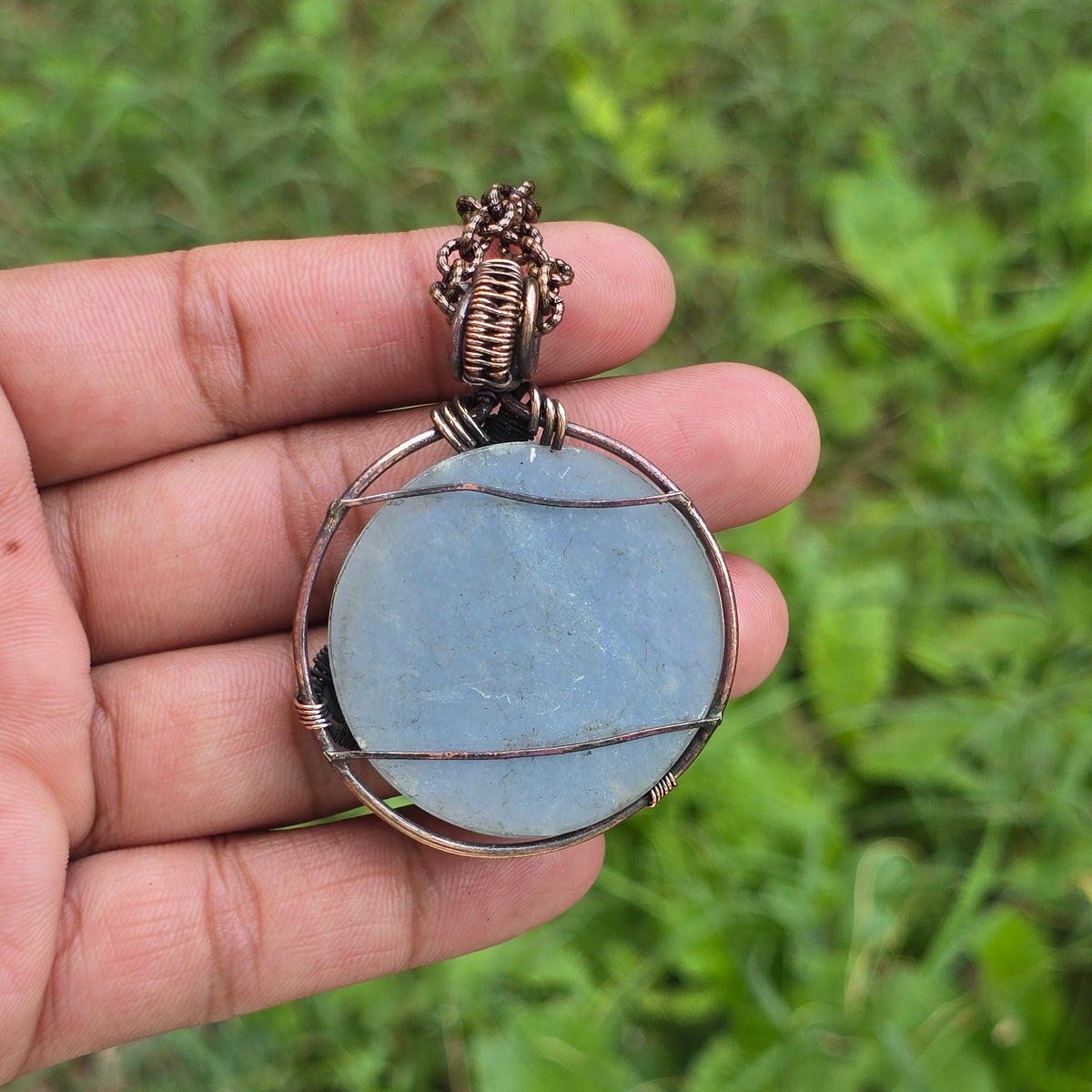 Angelite Gemstone Handmade Copper Wire Wrap Chain Pendant 2.36" Sunkarton