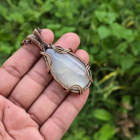 Dendritic Agate Gemstone Handmade Copper Wire Wrap Chain Pendant 2.55" Sunkarton