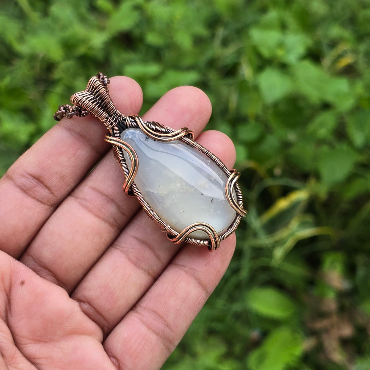 Dendritic Agate Gemstone Handmade Copper Wire Wrap Chain Pendant 2.55" Sunkarton