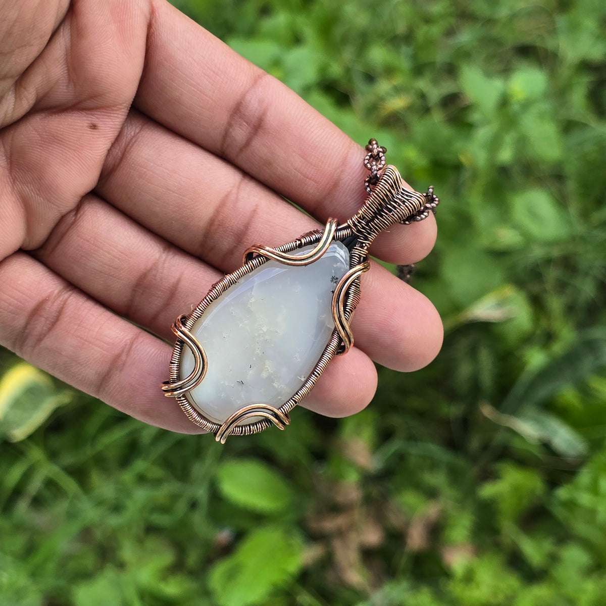 Dendritic Agate Gemstone Handmade Copper Wire Wrap Chain Pendant 2.55" Sunkarton