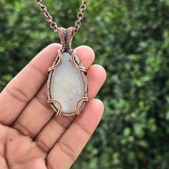 Dendritic Agate Gemstone Handmade Copper Wire Wrap Chain Pendant 2.55" Sunkarton