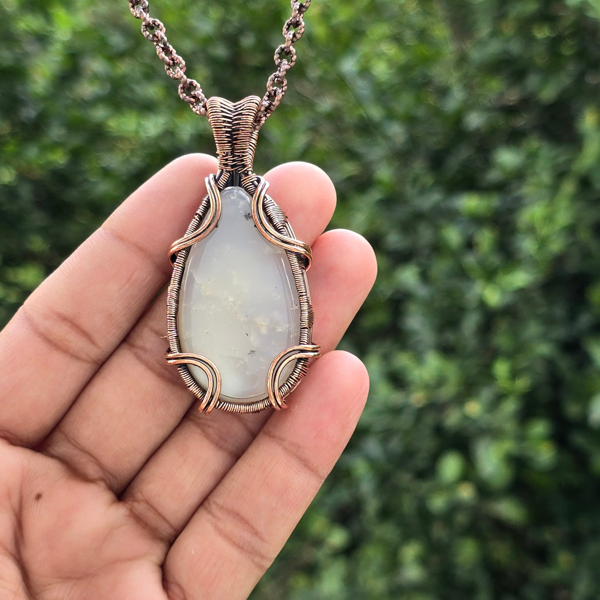 Dendritic Agate Gemstone Handmade Copper Wire Wrap Chain Pendant 2.55" Sunkarton