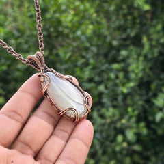 Dendritic Agate Gemstone Handmade Copper Wire Wrap Chain Pendant 2.55" Sunkarton