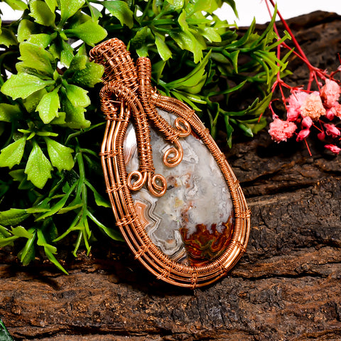 Wonderful A One Quality 100% Natural Crazy Lace Agate Gemstone Oval Vintage Handmade Pure Copper Wire Wrapped Pendant 2.5