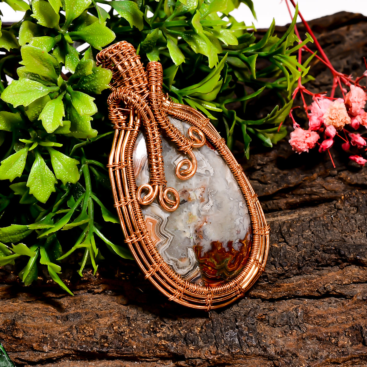 Wonderful A One Quality 100% Natural Crazy Lace Agate Gemstone Oval Vintage Handmade Pure Copper Wire Wrapped Pendant 2.5" 20.9 gms KR09-100 Sunkarton