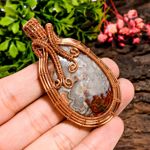 Wonderful A One Quality 100% Natural Crazy Lace Agate Gemstone Oval Vintage Handmade Pure Copper Wire Wrapped Pendant 2.5