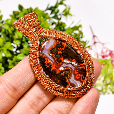 Fabulous Top Grade Quality 100% Natural Seam Agate Gemstone Oval Vintage Handmade Pure Copper Wire Wrapped Pendant 2.5