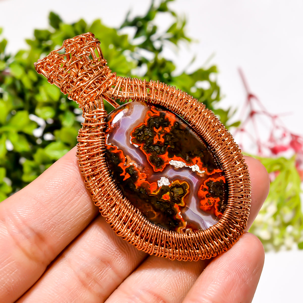 Fabulous Top Grade Quality 100% Natural Seam Agate Gemstone Oval Vintage Handmade Pure Copper Wire Wrapped Pendant 2.5" 19.1 gms. KR09-10 Sunkarton