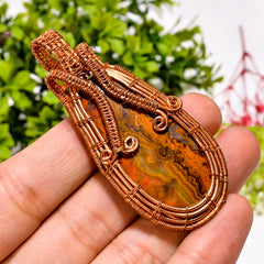 Fantastic Top Grade Quality 100% Natural Seam Agate Gemstone Egg Vintage Handmade Pure Copper Wire Wrapped Pendant 2.6" 18.9 gms. KR09-11 Sunkarton