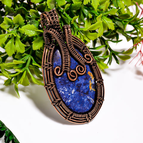 Outstanding Top Grade Quality 100% Natural Dumortierite Gemstone Oval Vintage Handmade Pure Copper Wire Wrapped Pendant 2.6