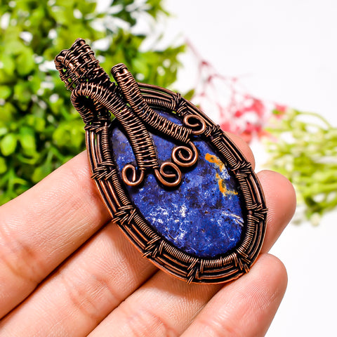 Outstanding Top Grade Quality 100% Natural Dumortierite Gemstone Oval Vintage Handmade Pure Copper Wire Wrapped Pendant 2.6