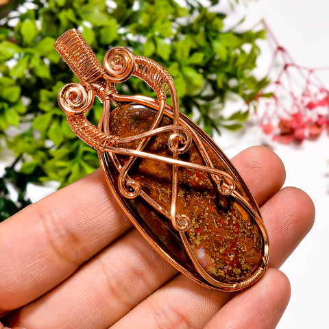 Splendid Top Grade Quality 100% Natural Seam Agate Gemstone Oval Vintage Handmade Pure Copper Wire Wrapped Pendant 3